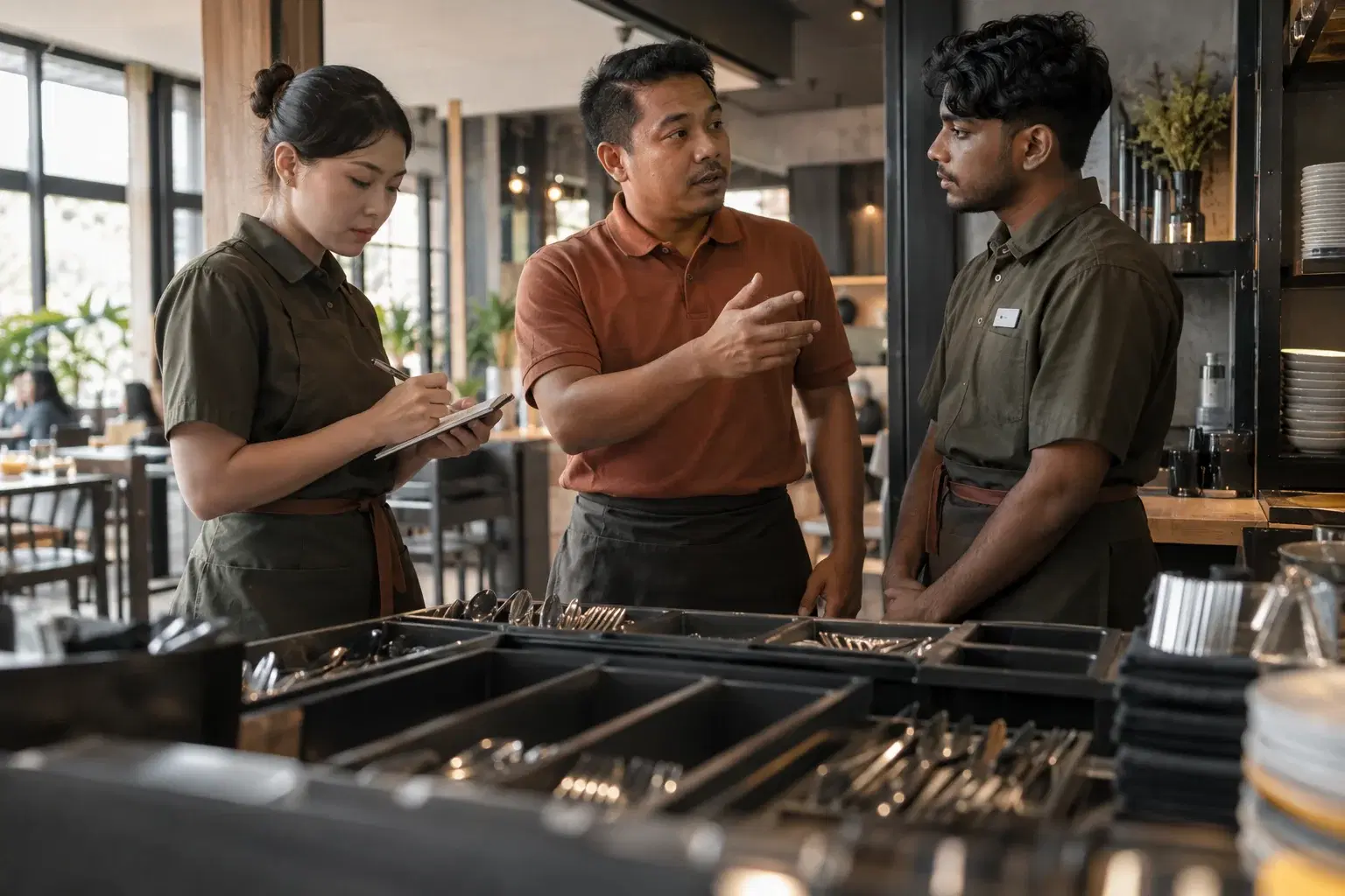 Operations supervisor briefing restaurant servers at their service station
