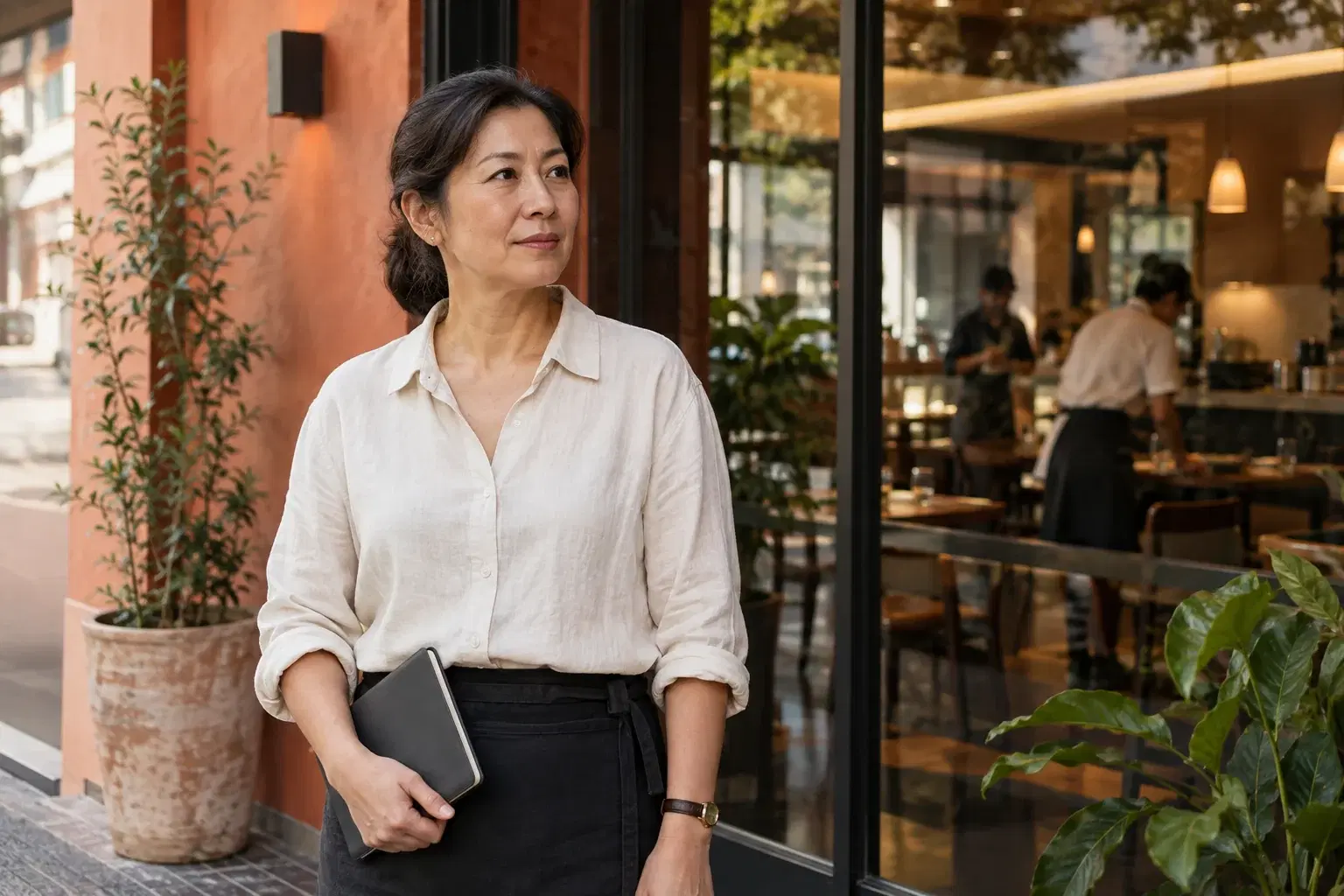 Restaurant founder observing her venue before opening