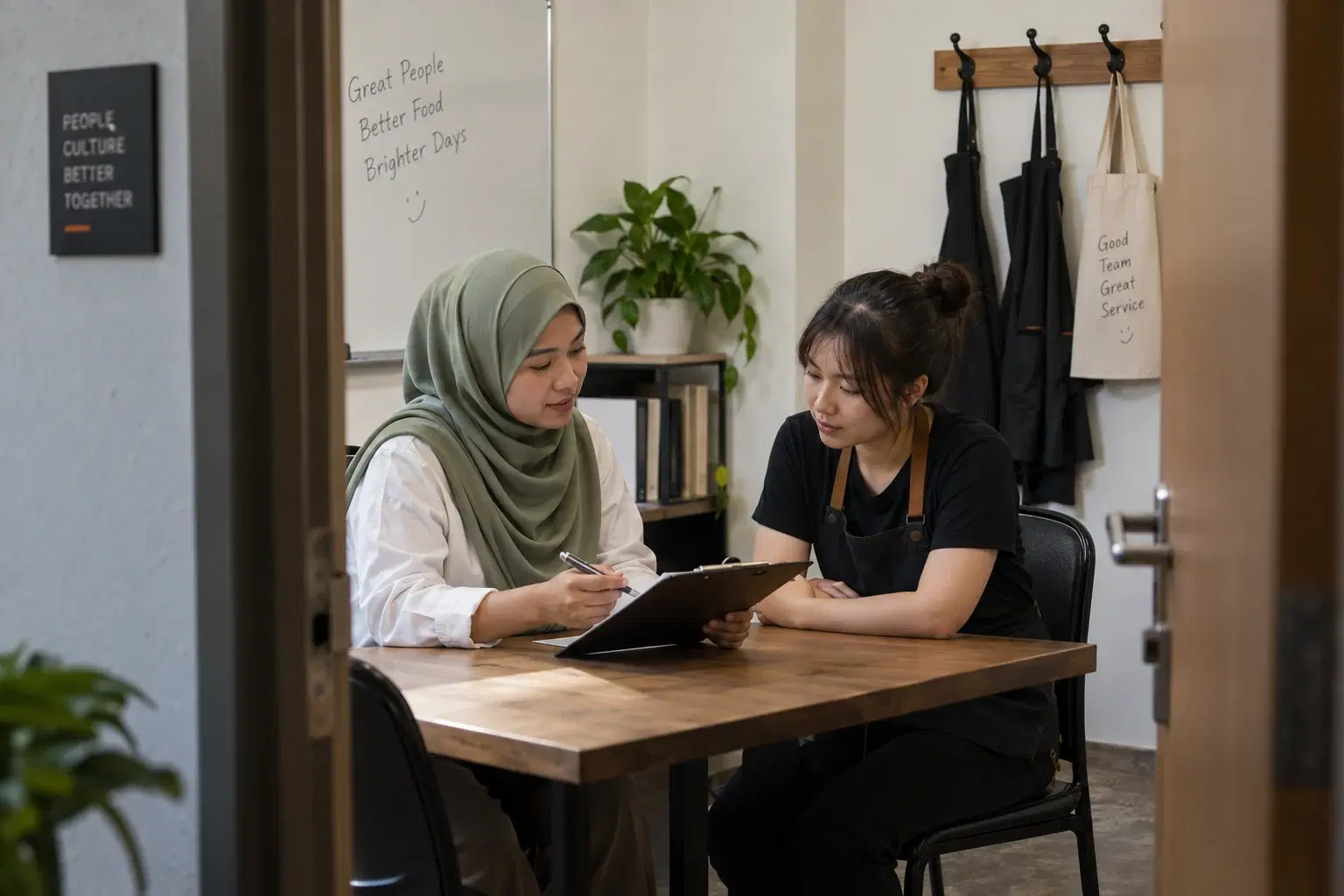 HR coordinator reviewing an attendance checklist with a restaurant team member
