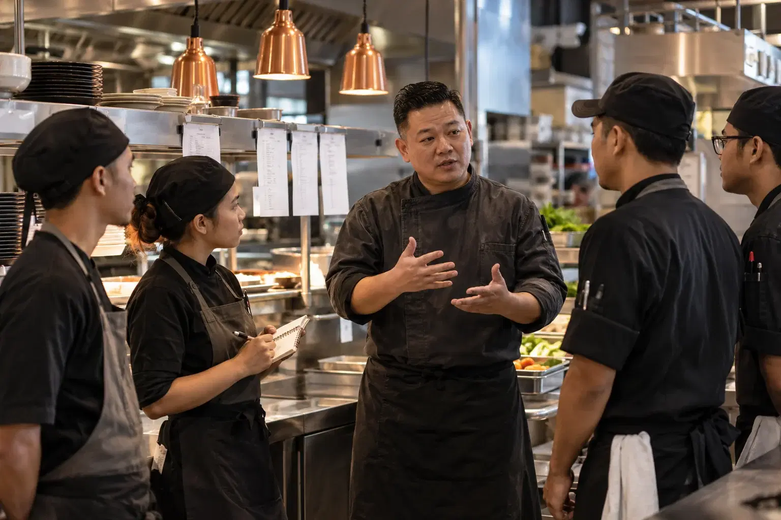 Executive chef briefing the kitchen team before restaurant service