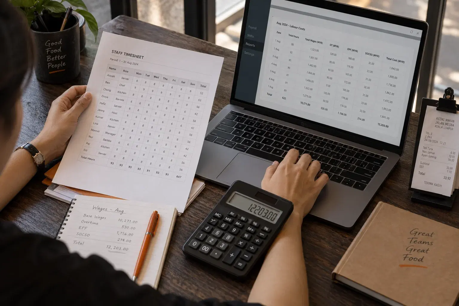 Restaurant finance manager reconciling timesheets and labor costs