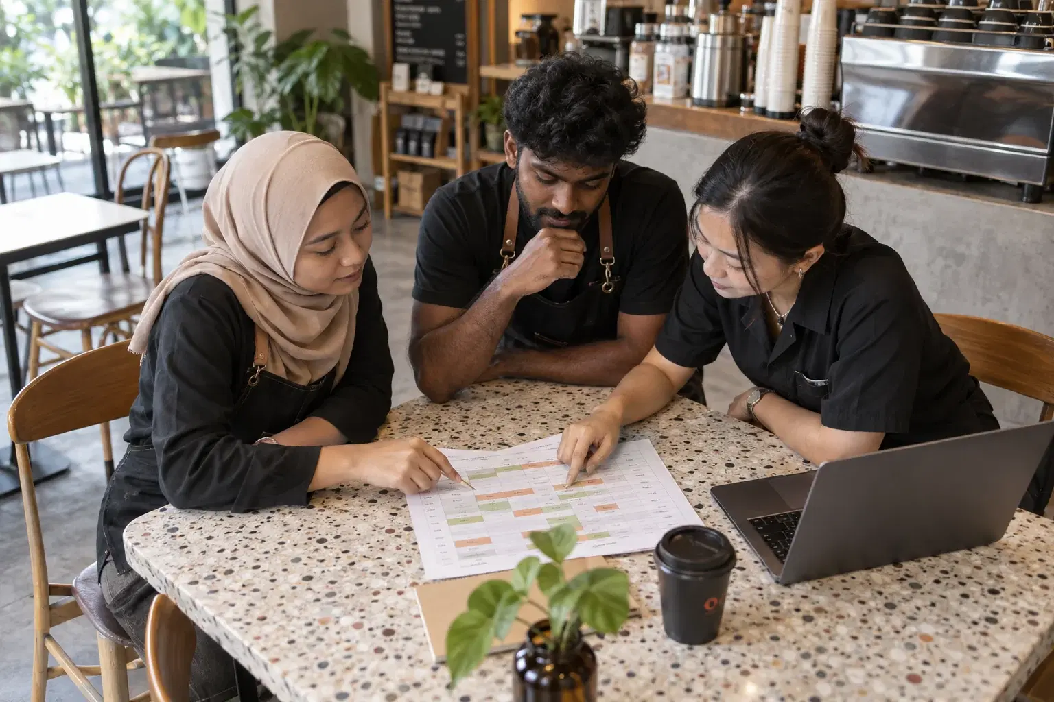 Cafe teammates coordinating weekly coverage around a paper roster