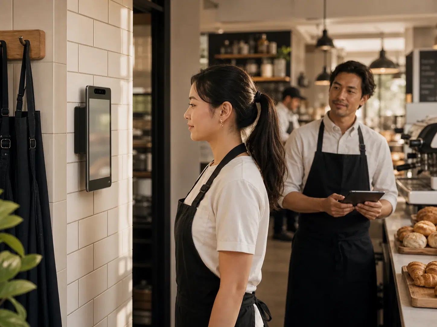 F&B staff using a face ID attendance terminal