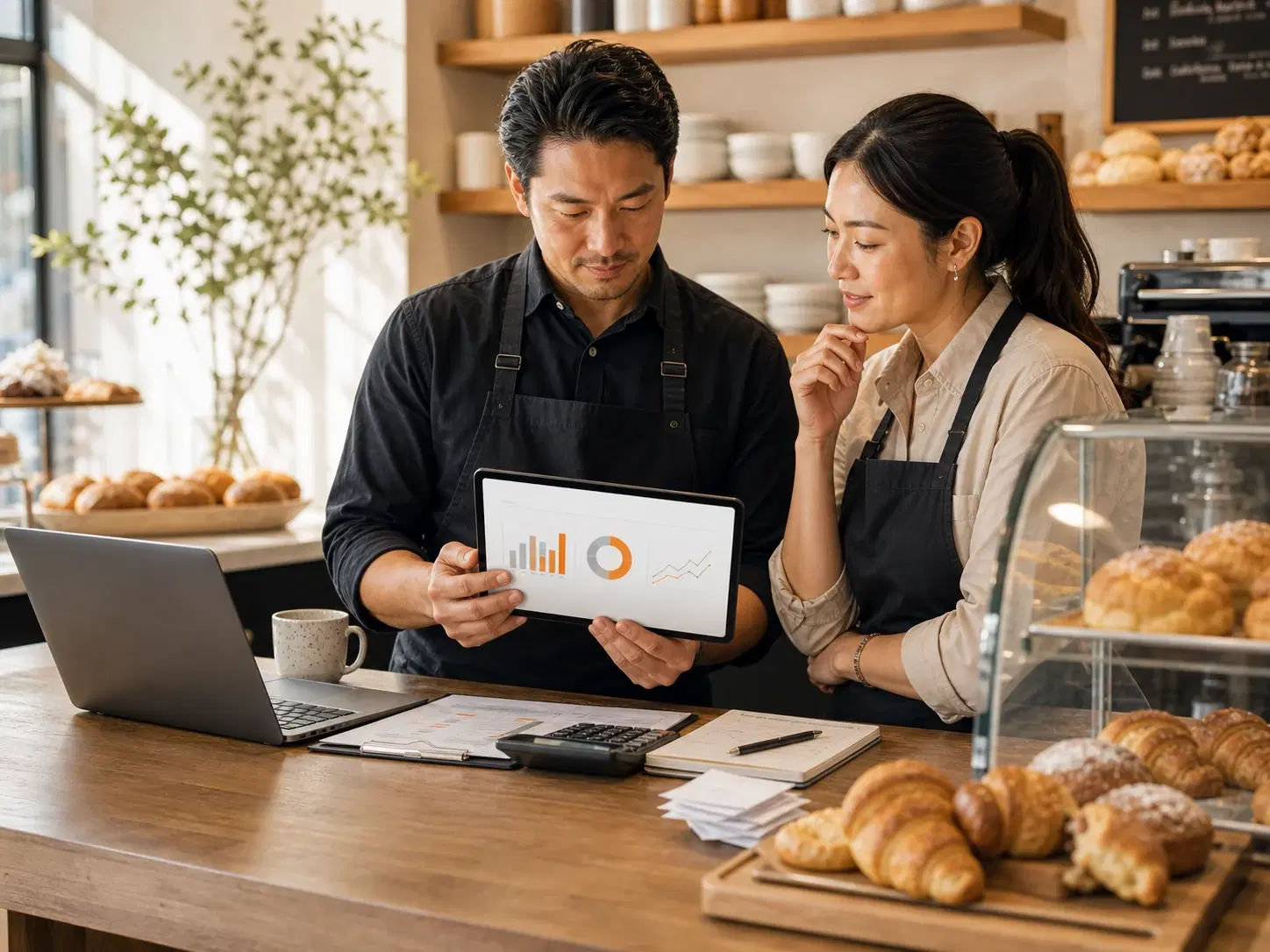 F&B operators reviewing labor cost on a tablet