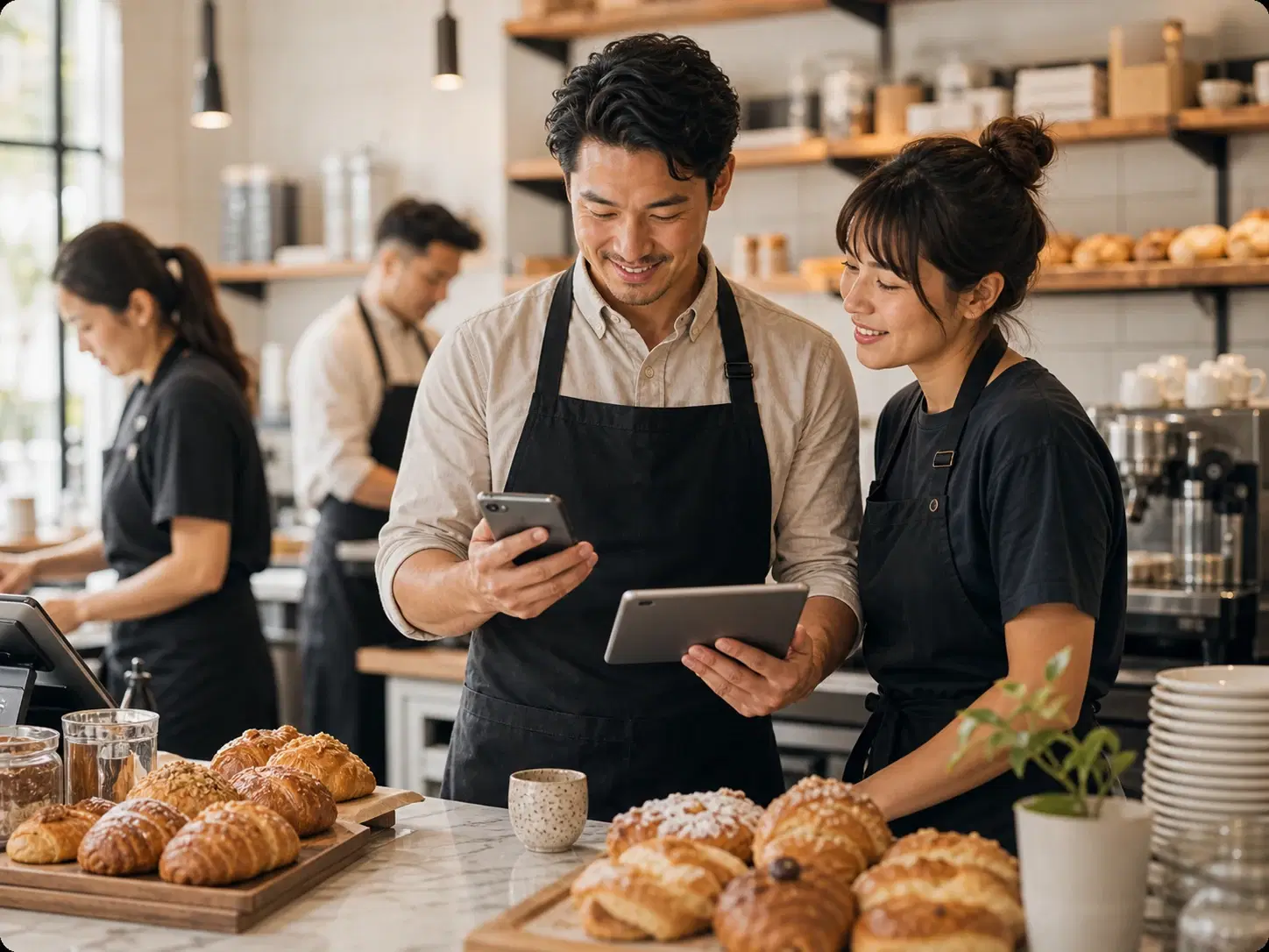 Restaurant managers confirming shifts on a phone and tablet