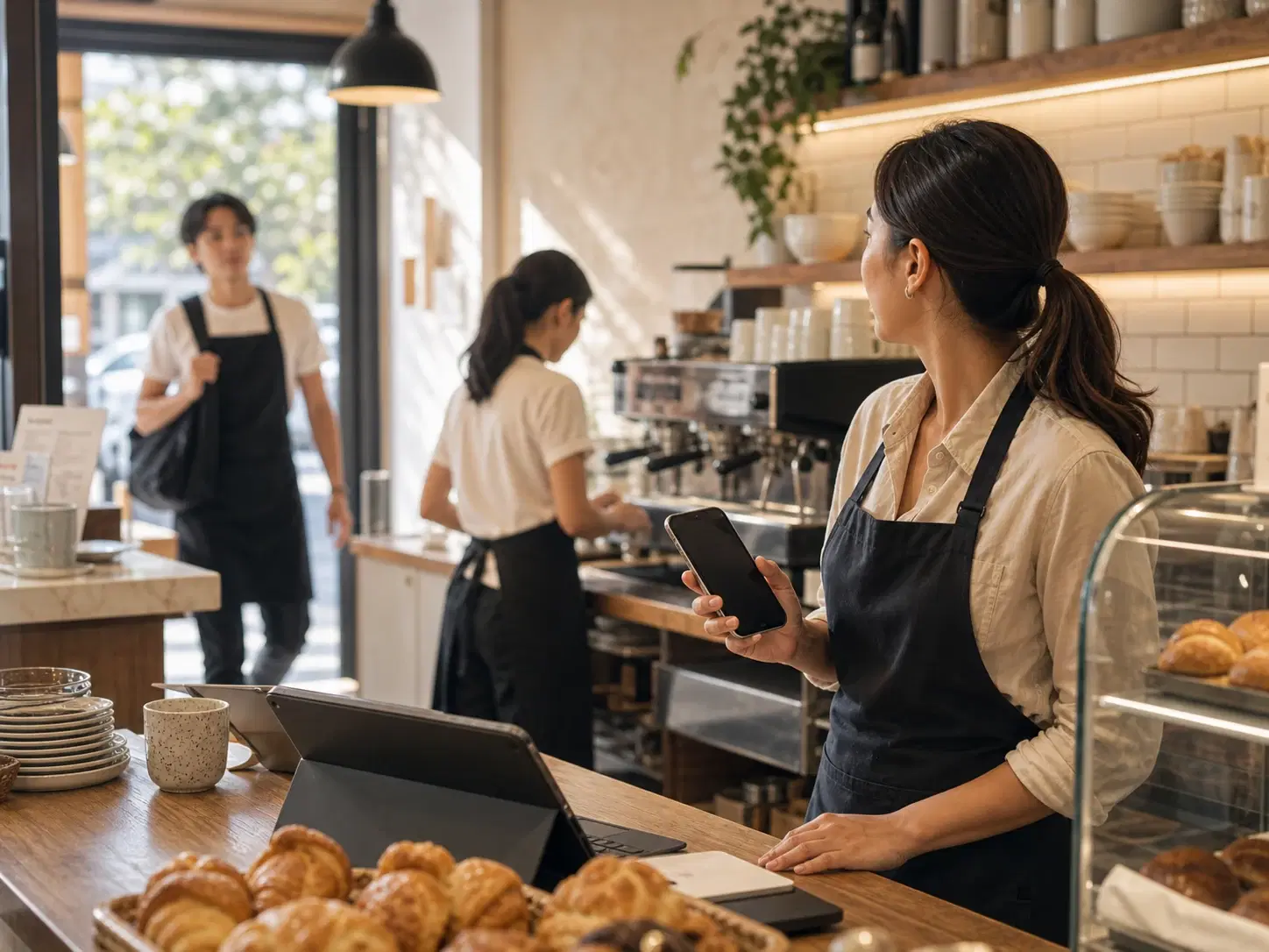 Cafe manager checking a phone while staff arrive for a shift