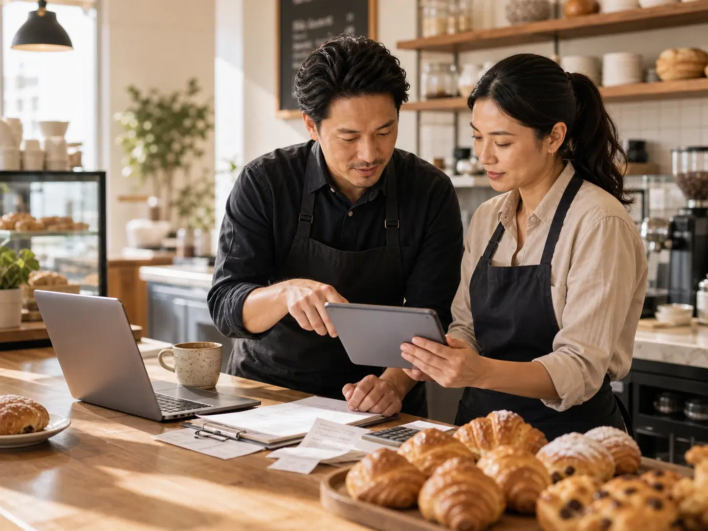 F&B operator reviewing labor cost and payroll notes on a tablet