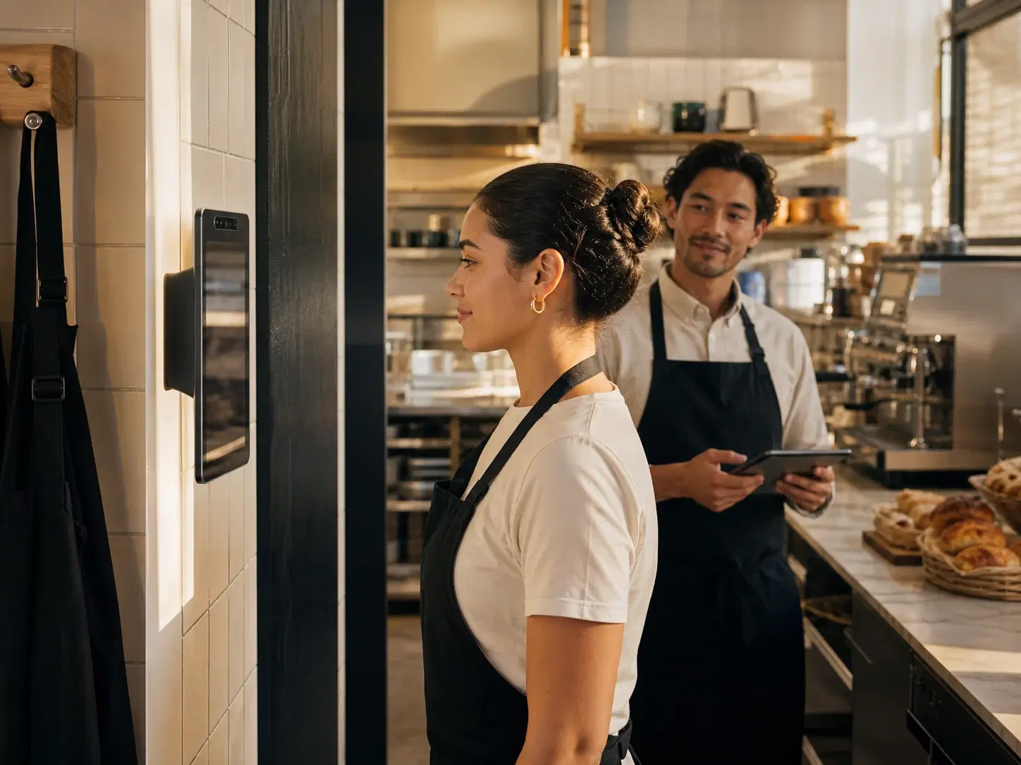 Restaurant staff using a face ID attendance terminal before a shift